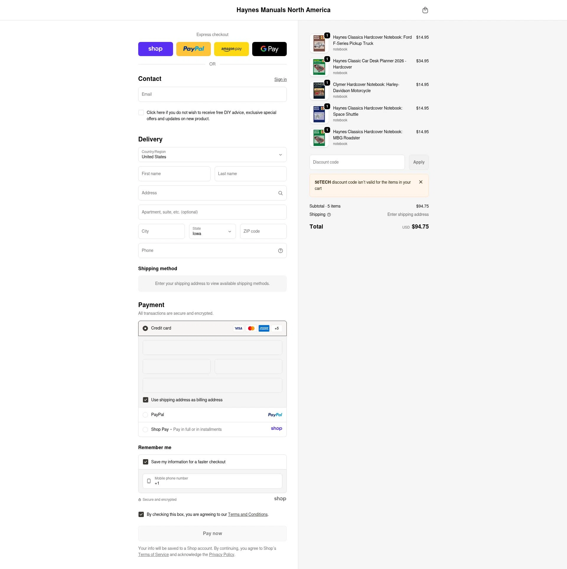 Haynes checkout page showing Haynes coupon code box | Screenshot taken by SimplyCodes community member on Dec 16, 2025