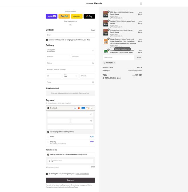 Haynes checkout page showing Haynes coupon code box | Screenshot taken by SimplyCodes community member on Aug 26, 2025