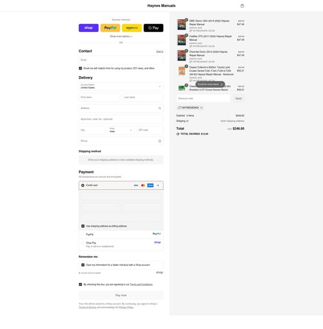 Haynes checkout page showing Haynes coupon code box | Screenshot taken by SimplyCodes community member on Sep 16, 2025