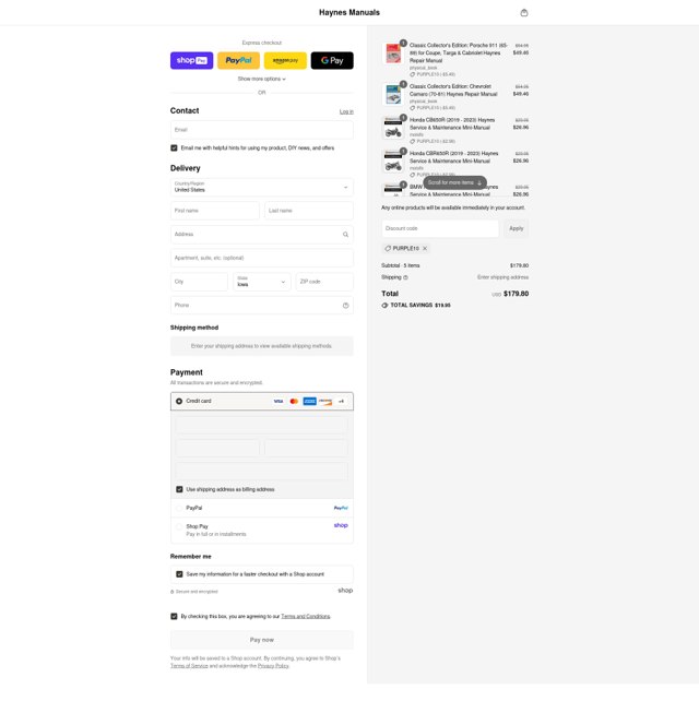 Haynes checkout page showing Haynes coupon code box | Screenshot taken by SimplyCodes community member on Aug 17, 2025