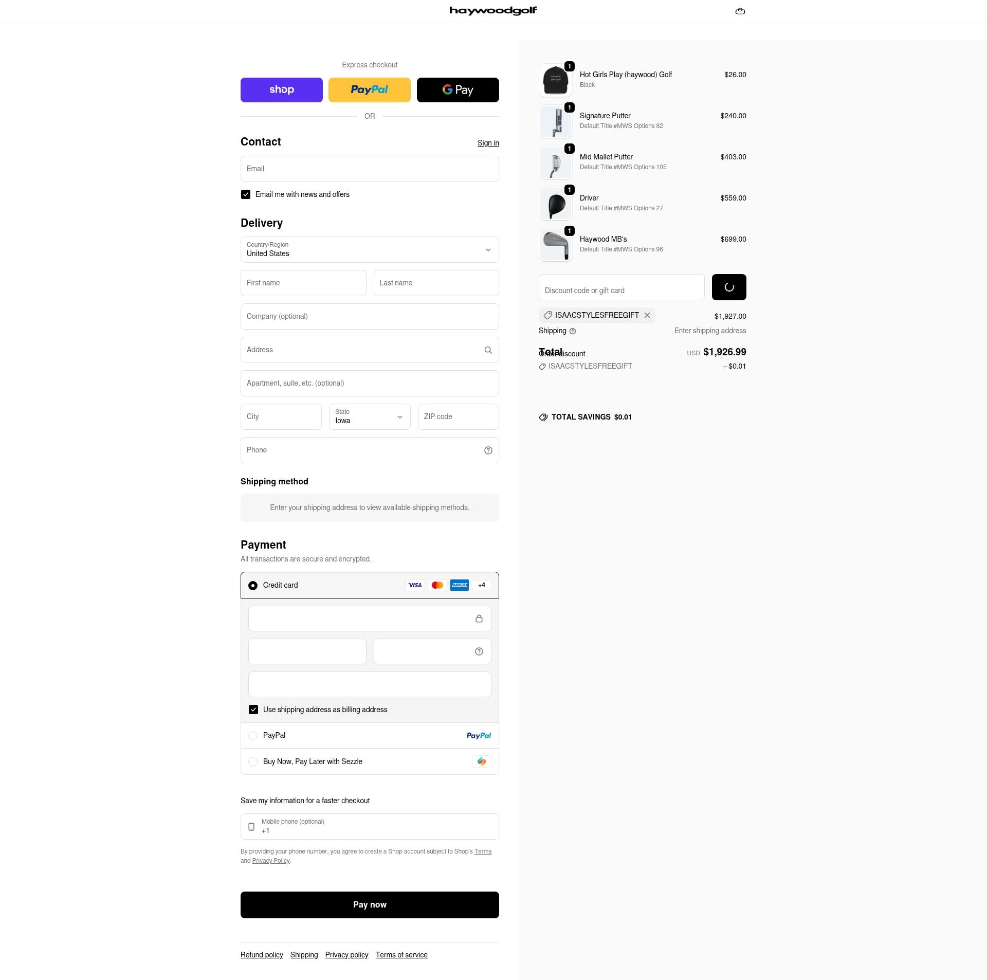 Haywoodgolf checkout page showing Haywoodgolf promo code box | Screenshot taken by SimplyCodes community member on Feb 8, 2026
