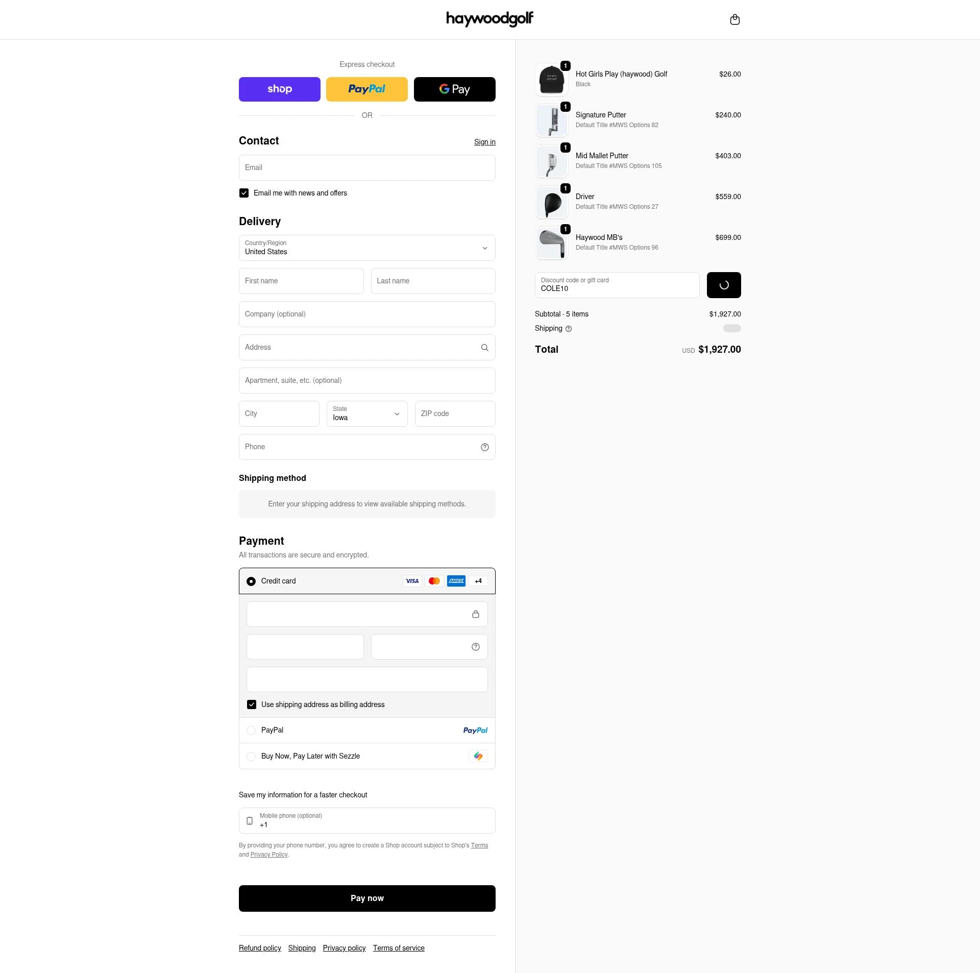 Haywoodgolf checkout page showing Haywoodgolf promo code box | Screenshot taken by SimplyCodes community member on Feb 12, 2026