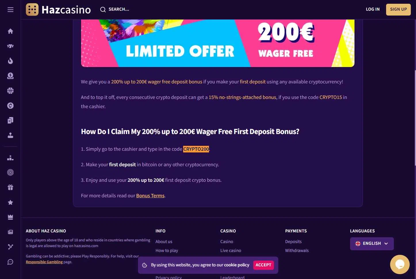 Haz Casino checkout page showing Haz Casino promo code box | Screenshot taken by SimplyCodes community member on Sep 4, 2025