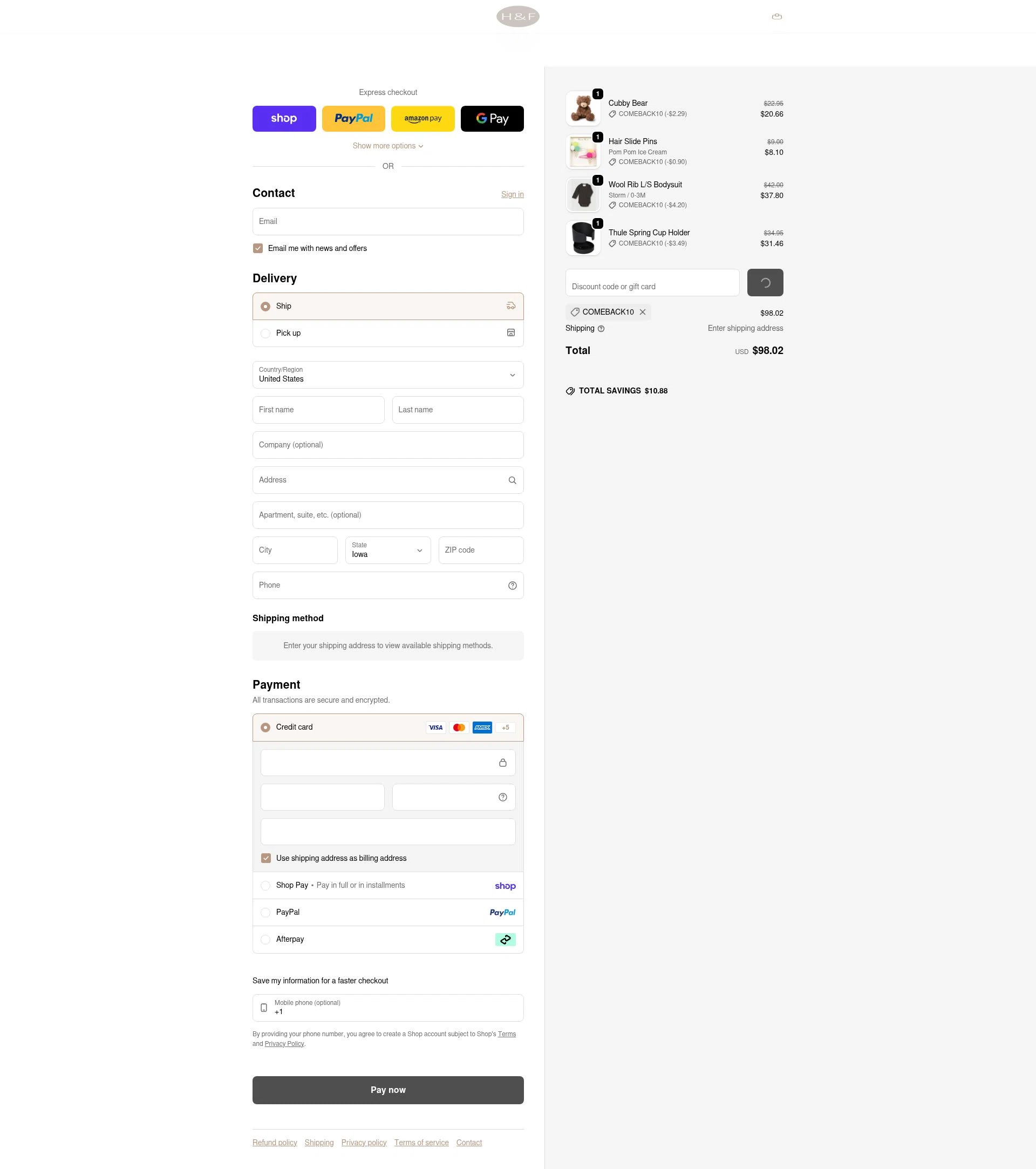 Hazel & Fawn checkout page showing Hazel & Fawn promo code box | Screenshot taken by SimplyCodes community member on Feb 6, 2026