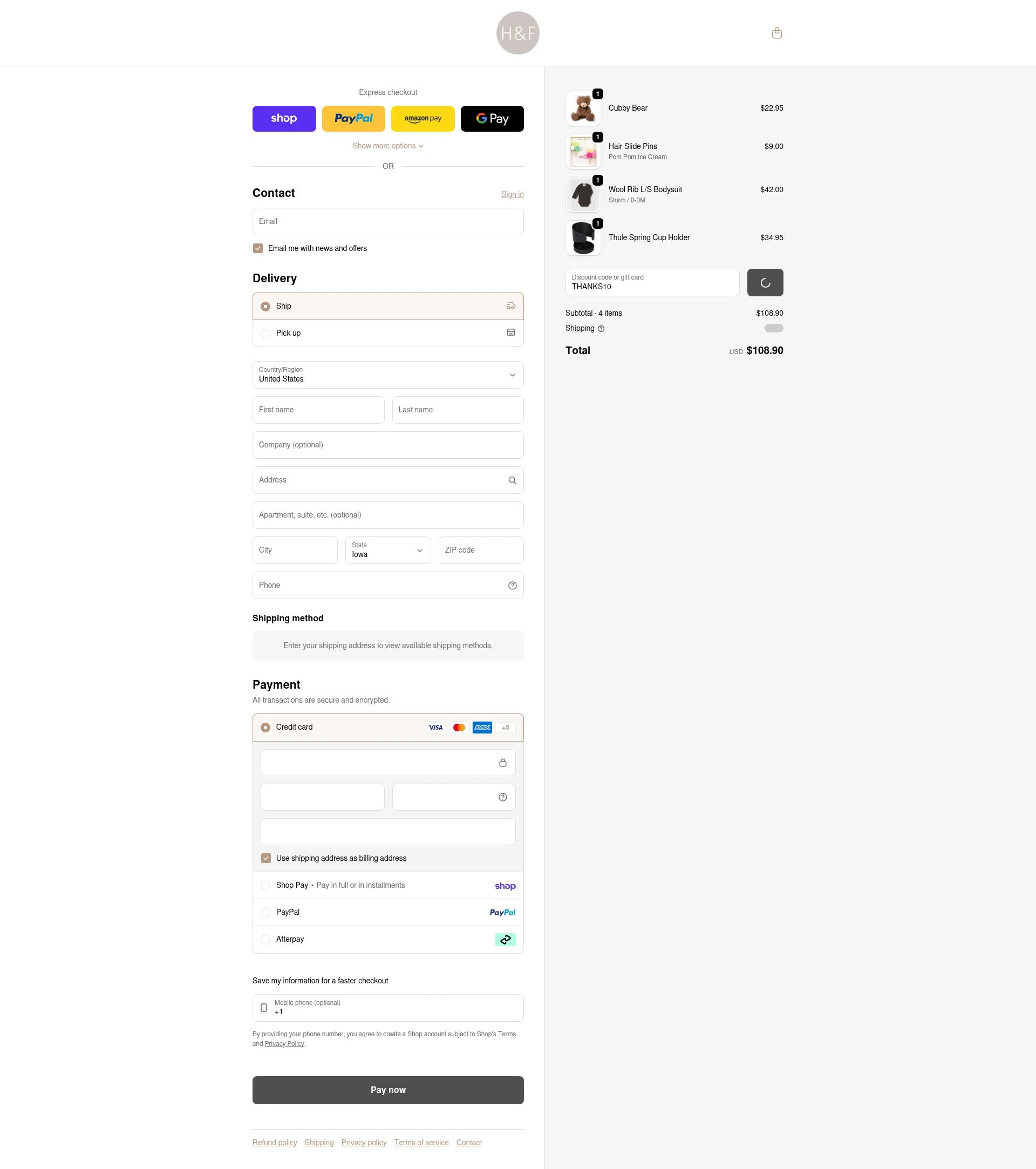 Hazel & Fawn checkout page showing Hazel & Fawn promo code box | Screenshot taken by SimplyCodes community member on Feb 6, 2026