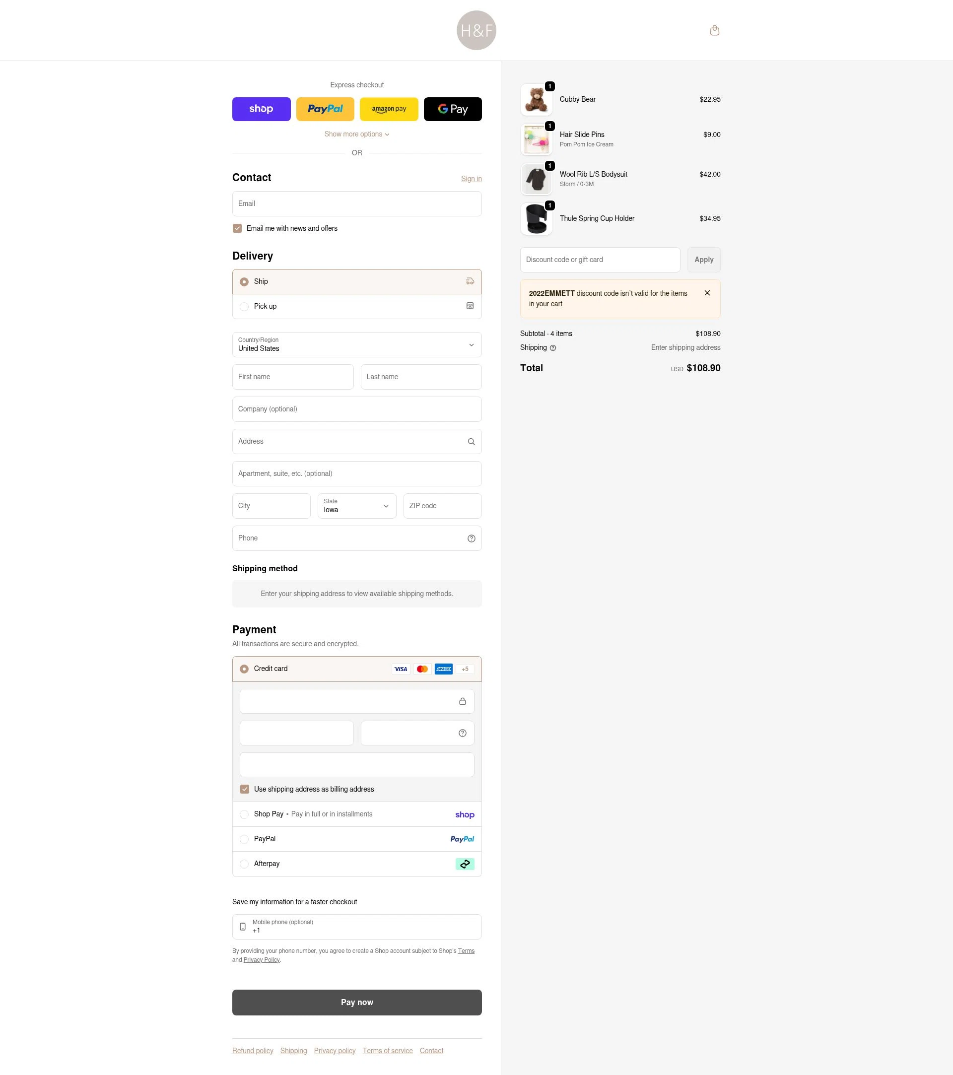 Hazel & Fawn checkout page showing Hazel & Fawn promo code box | Screenshot taken by SimplyCodes community member on Feb 2, 2026