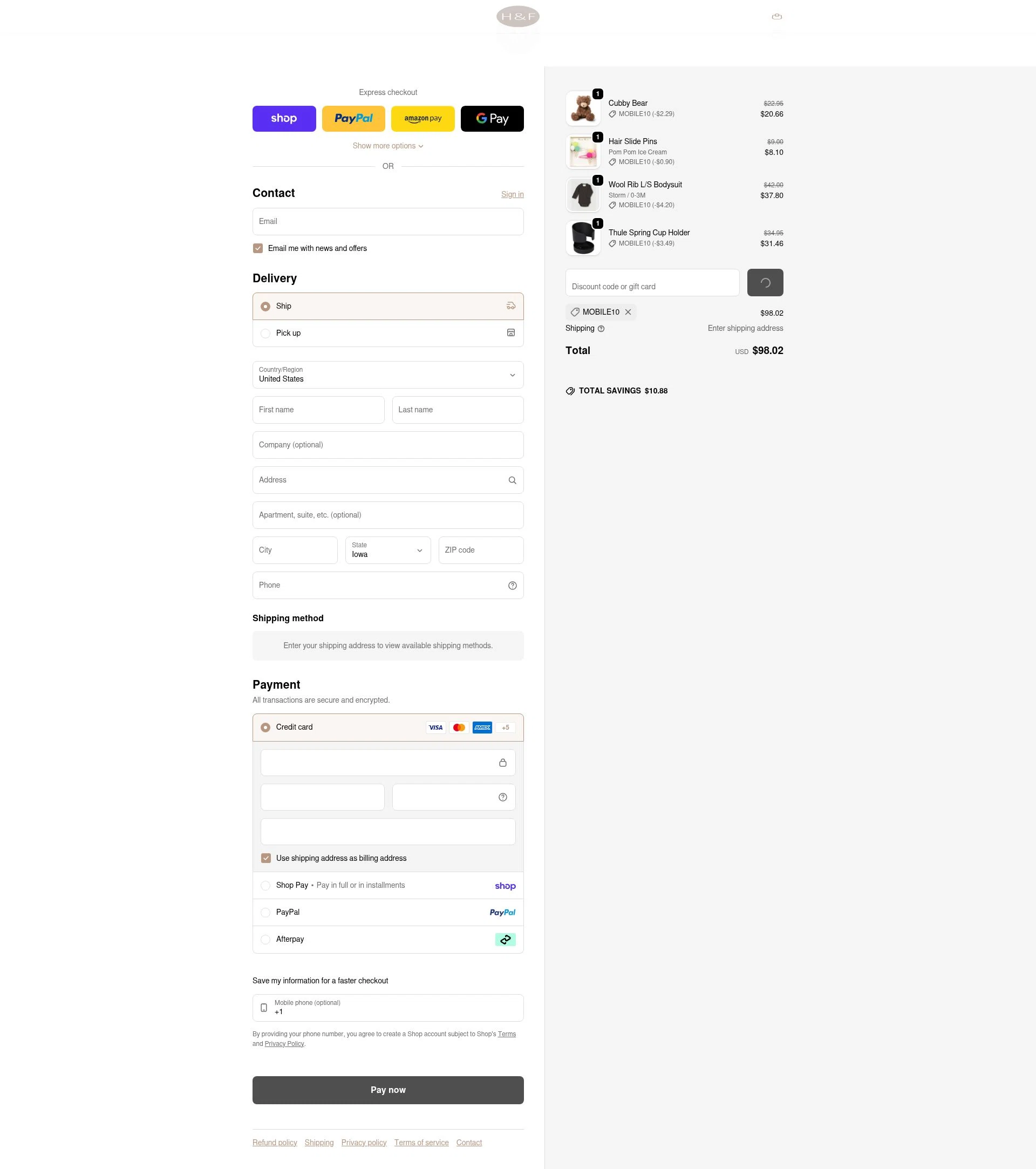 Hazel & Fawn checkout page showing Hazel & Fawn promo code box | Screenshot taken by SimplyCodes community member on Feb 6, 2026