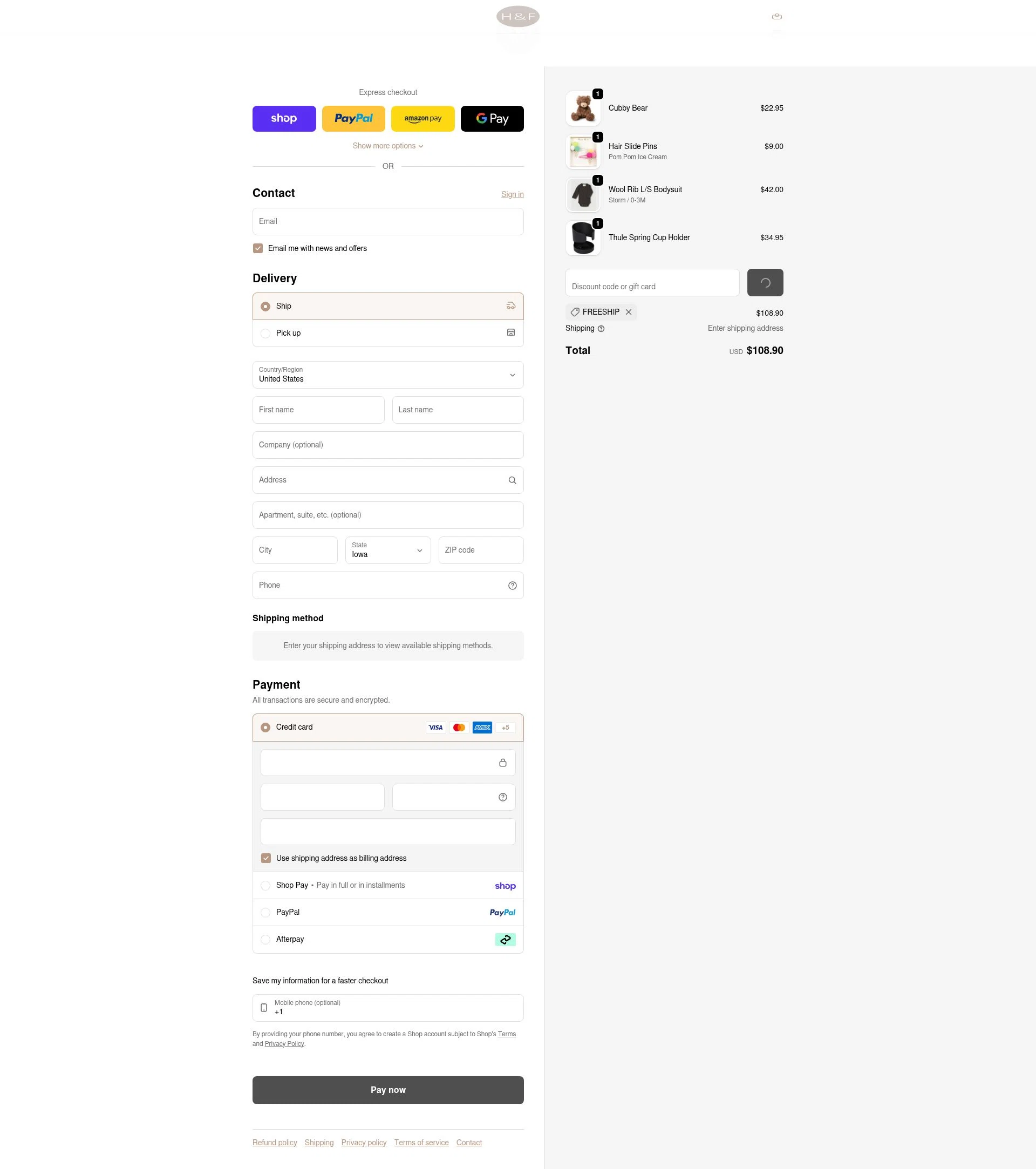 Hazel & Fawn checkout page showing Hazel & Fawn promo code box | Screenshot taken by SimplyCodes community member on Feb 6, 2026