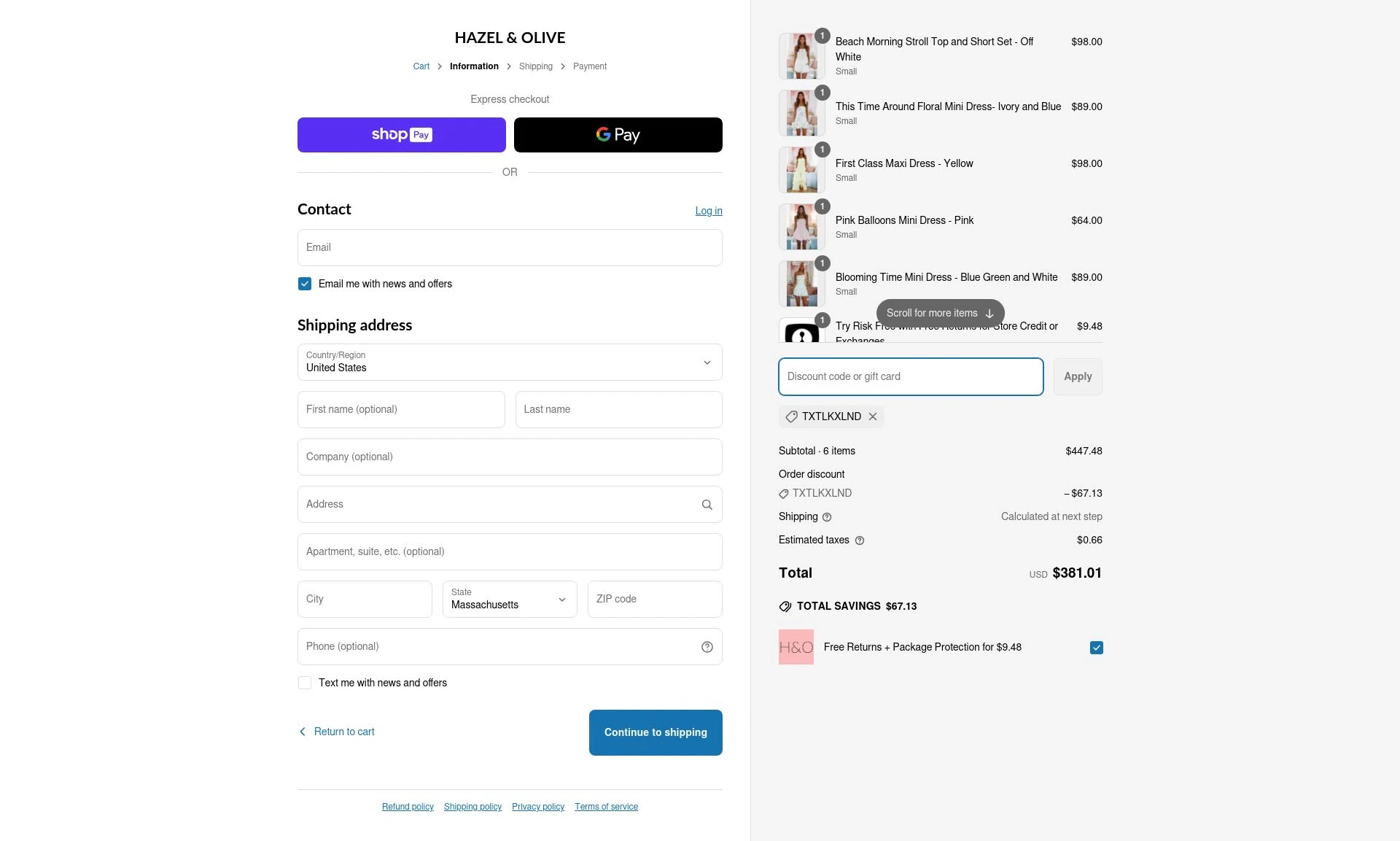 Hazel & Olive checkout page showing Hazel & Olive promo code box | Screenshot taken by SimplyCodes community member on Apr 19, 2025
