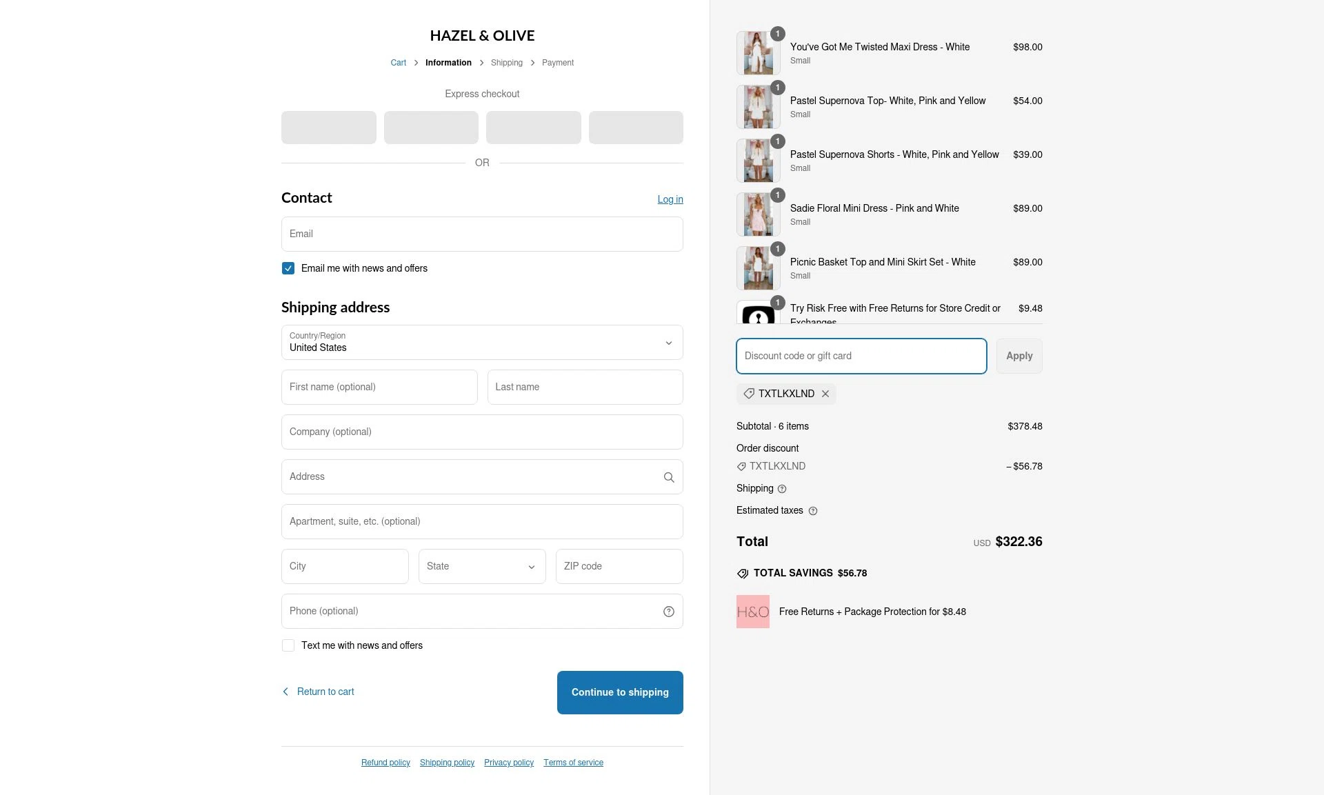Hazel & Olive checkout page showing Hazel & Olive promo code box | Screenshot taken by SimplyCodes community member on Mar 9, 2025