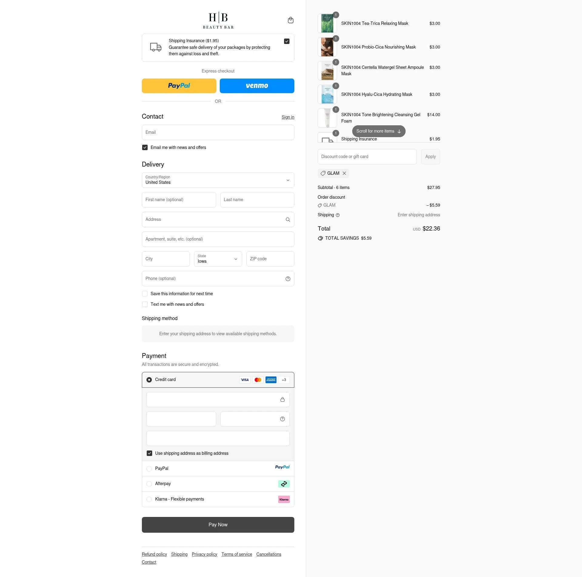HB Beauty Bar promo code screenshot showing code GLAM applied at HB Beauty Bar checkout page. Uploaded by SimplyCodes community member SavvyNavigator7198 on Sep 12, 2025