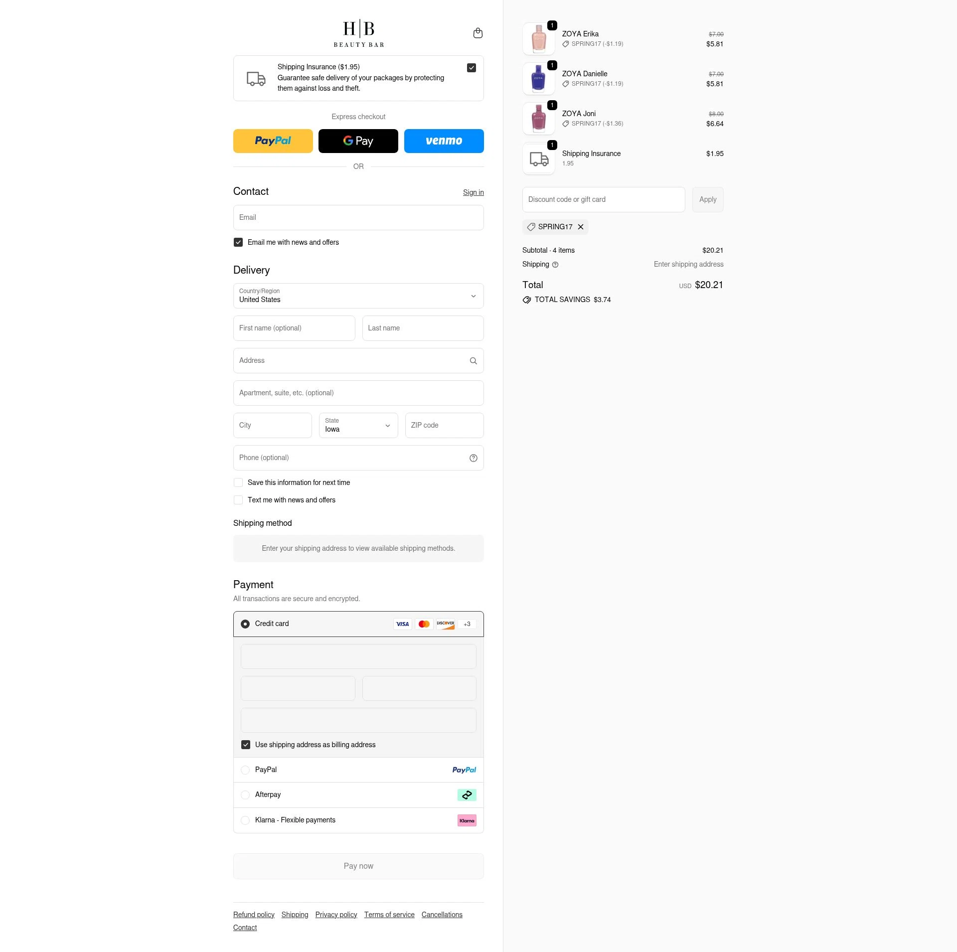 HB Beauty Bar checkout page showing HB Beauty Bar promo code box | Screenshot taken by SimplyCodes community member on Feb 25, 2026