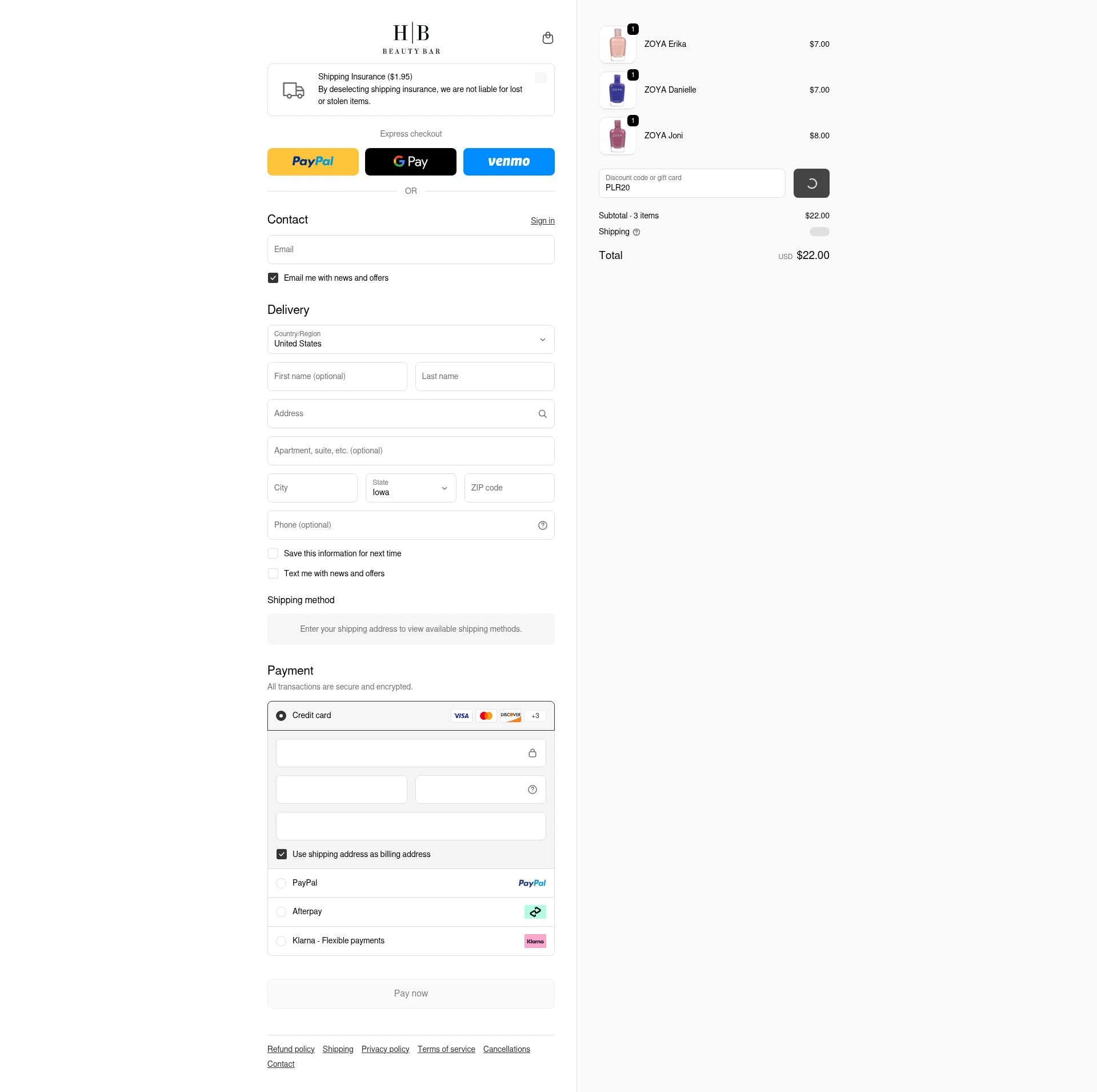 HB Beauty Bar checkout page showing HB Beauty Bar promo code box | Screenshot taken by SimplyCodes community member on Feb 25, 2026