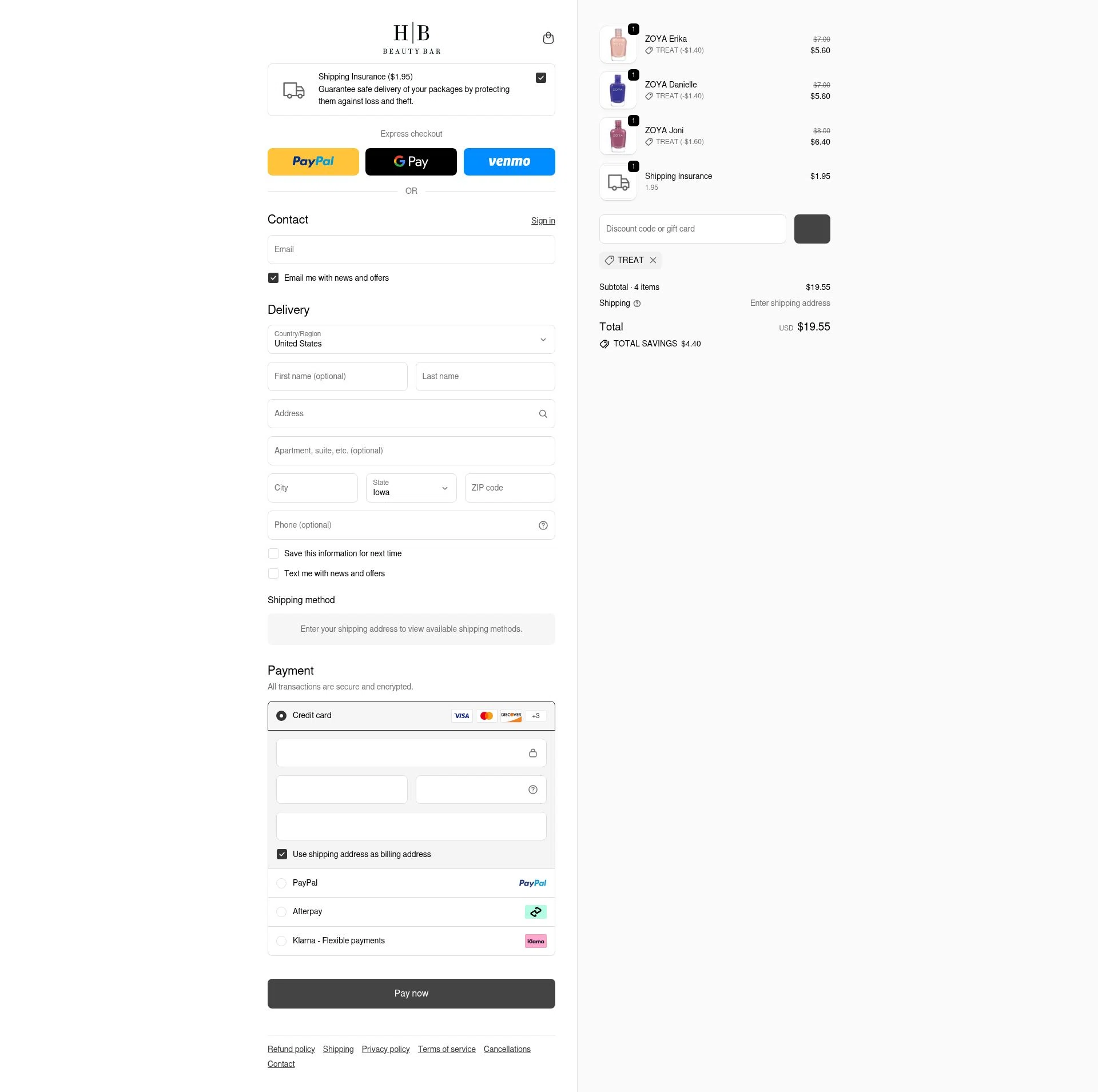 HB Beauty Bar checkout page showing HB Beauty Bar promo code box | Screenshot taken by SimplyCodes community member on Feb 25, 2026