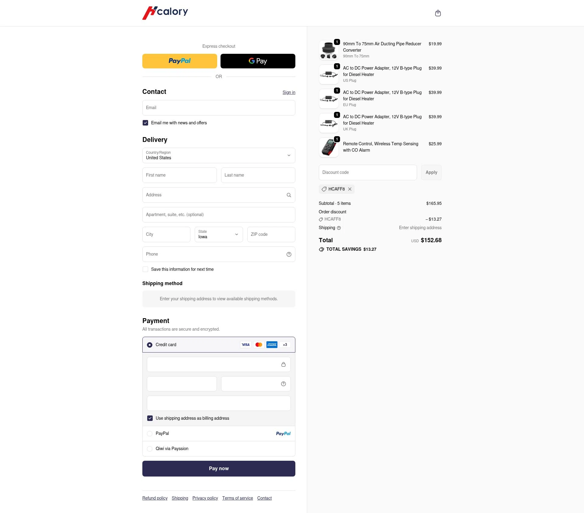 Hcalory checkout page showing Hcalory discount code box | Screenshot taken by SimplyCodes community member on Jan 8, 2026