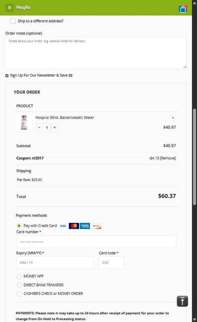 HcgRx checkout page showing HcgRx coupon code box | Screenshot taken by SimplyCodes community member on Jul 25, 2025