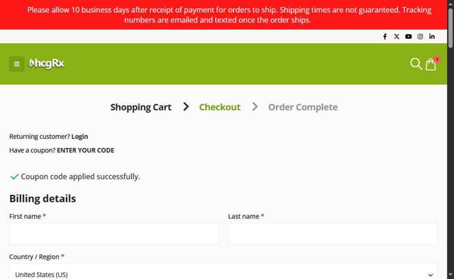 HcgRx checkout page showing HcgRx coupon code box | Screenshot taken by SimplyCodes community member on Jul 25, 2025
