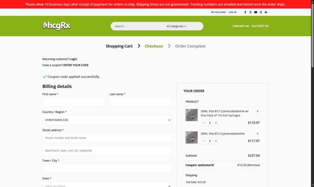 HcgRx checkout page showing HcgRx coupon code box | Screenshot taken by SimplyCodes community member on Jul 21, 2025