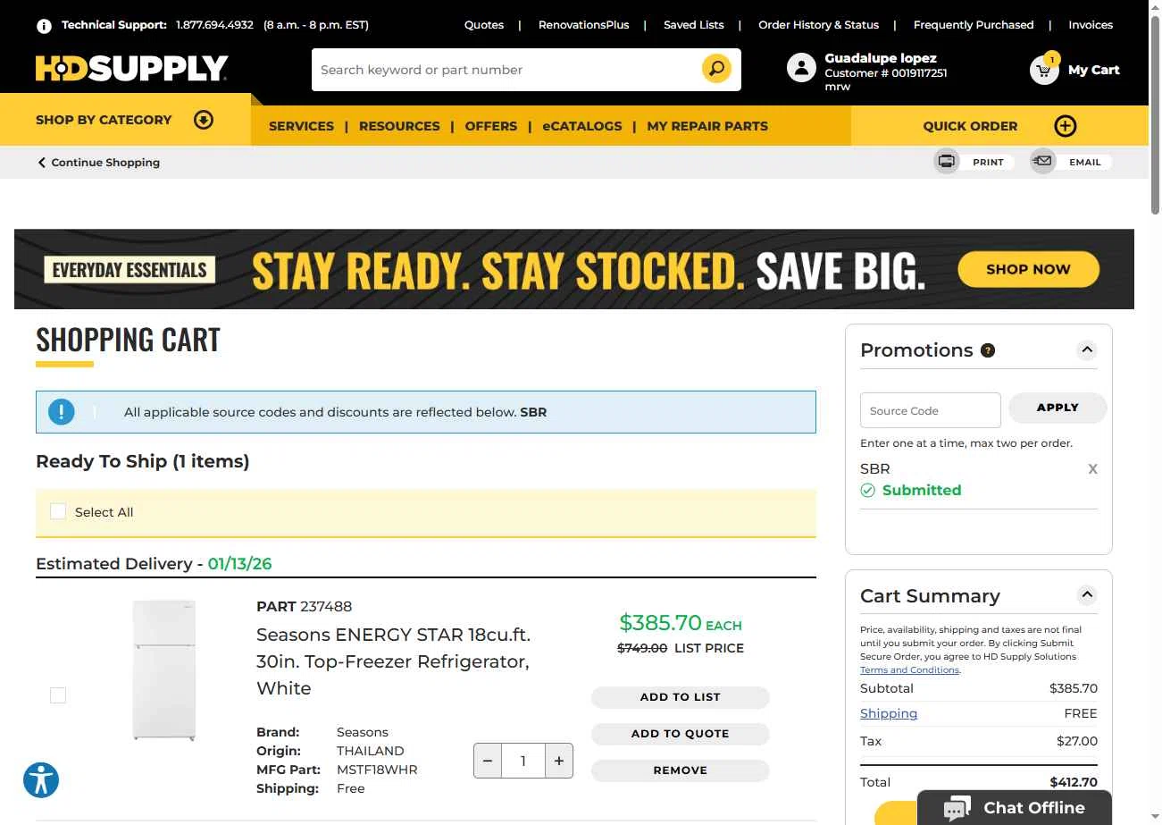 HD Supply Facilities Maintenance checkout page showing HD Supply Facilities Maintenance promo code box | Screenshot taken by SimplyCodes community member on Jan 11, 2026