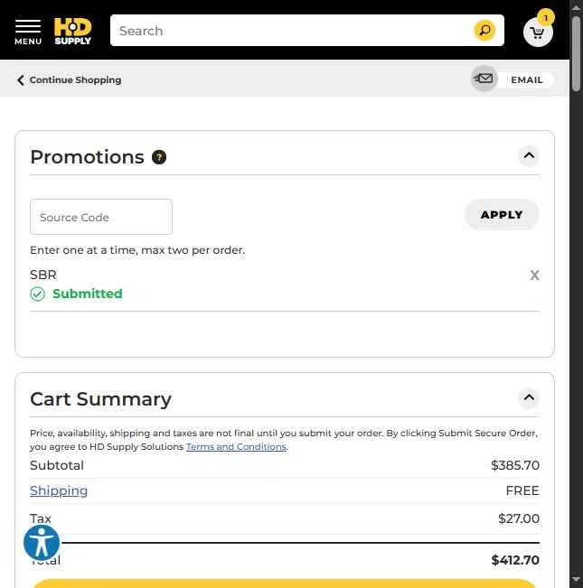 HD Supply Facilities Maintenance checkout page showing HD Supply Facilities Maintenance promo code box | Screenshot taken by SimplyCodes community member on Jan 28, 2026