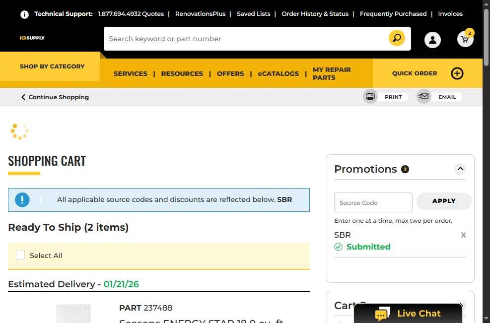 HD Supply Facilities Maintenance checkout page showing HD Supply Facilities Maintenance promo code box | Screenshot taken by SimplyCodes community member on Jan 20, 2026