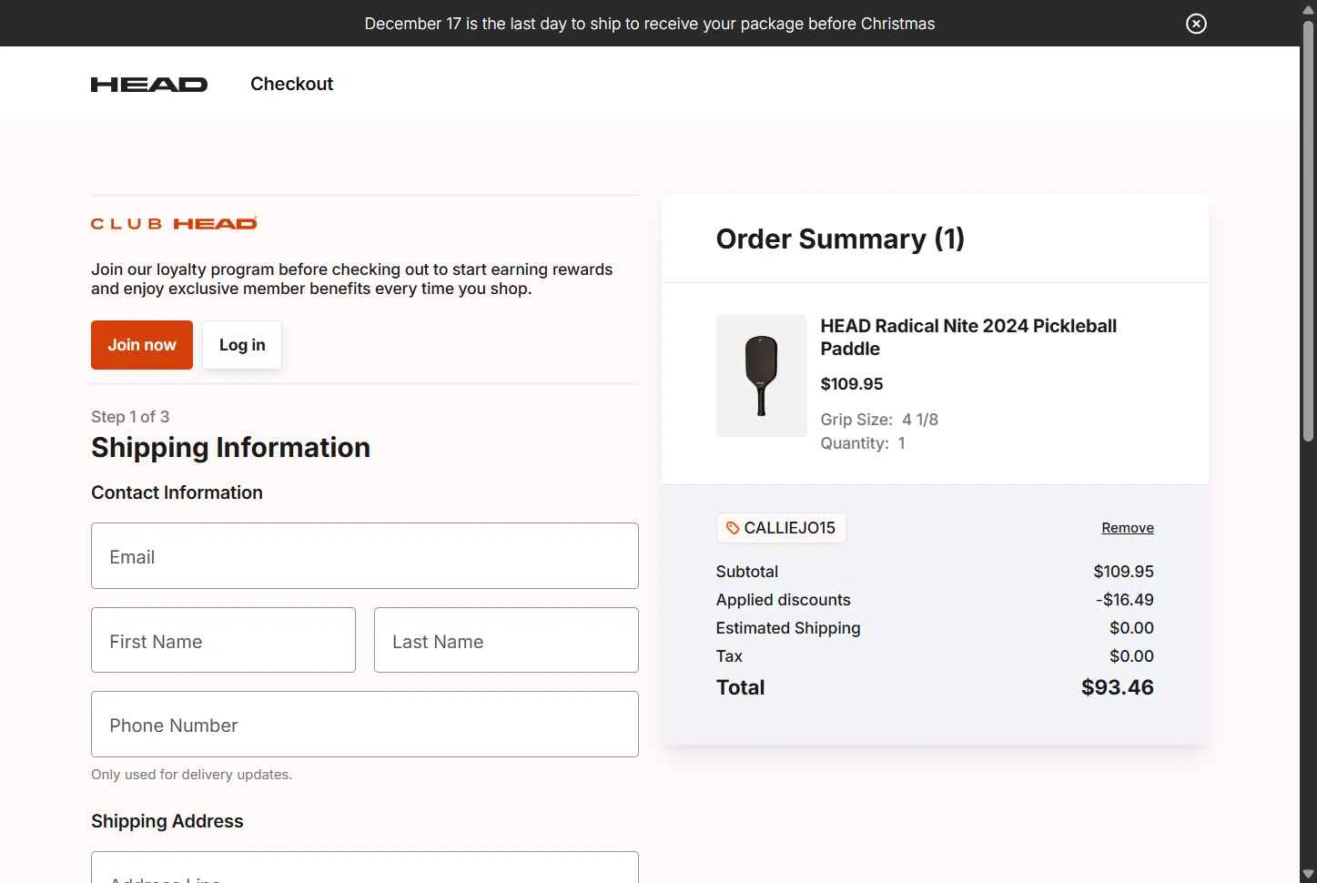 HEAD checkout page showing HEAD discount code box | Screenshot taken by SimplyCodes community member on Dec 15, 2025
