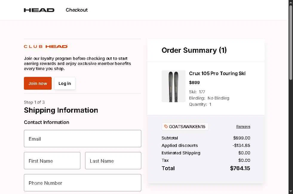 HEAD checkout page showing HEAD discount code box | Screenshot taken by SimplyCodes community member on Feb 19, 2026