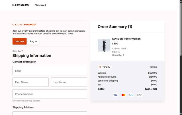 HEAD checkout page showing HEAD discount code box | Screenshot taken by SimplyCodes community member on Aug 31, 2025