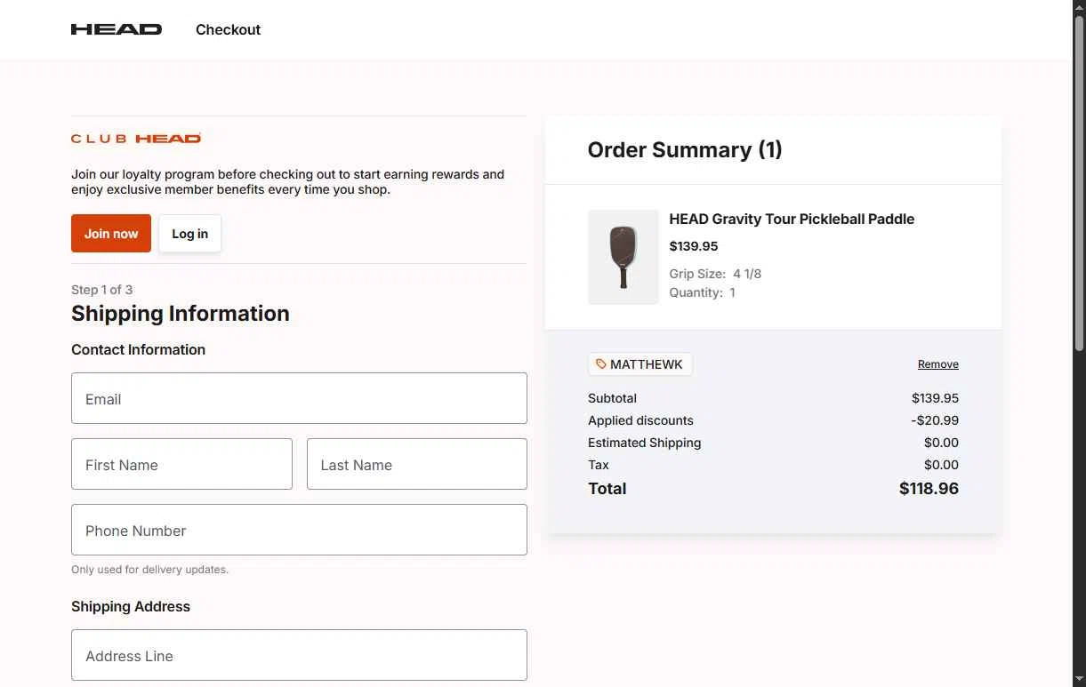 HEAD checkout page showing HEAD discount code box | Screenshot taken by SimplyCodes community member on Jan 18, 2026