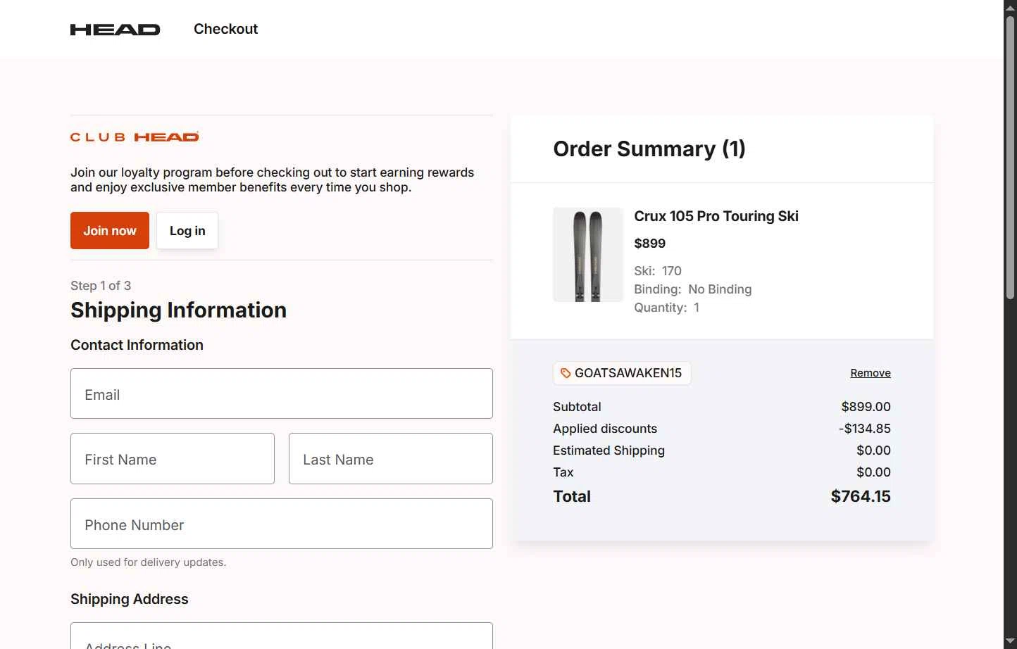 HEAD checkout page showing HEAD discount code box | Screenshot taken by SimplyCodes community member on Jan 30, 2026