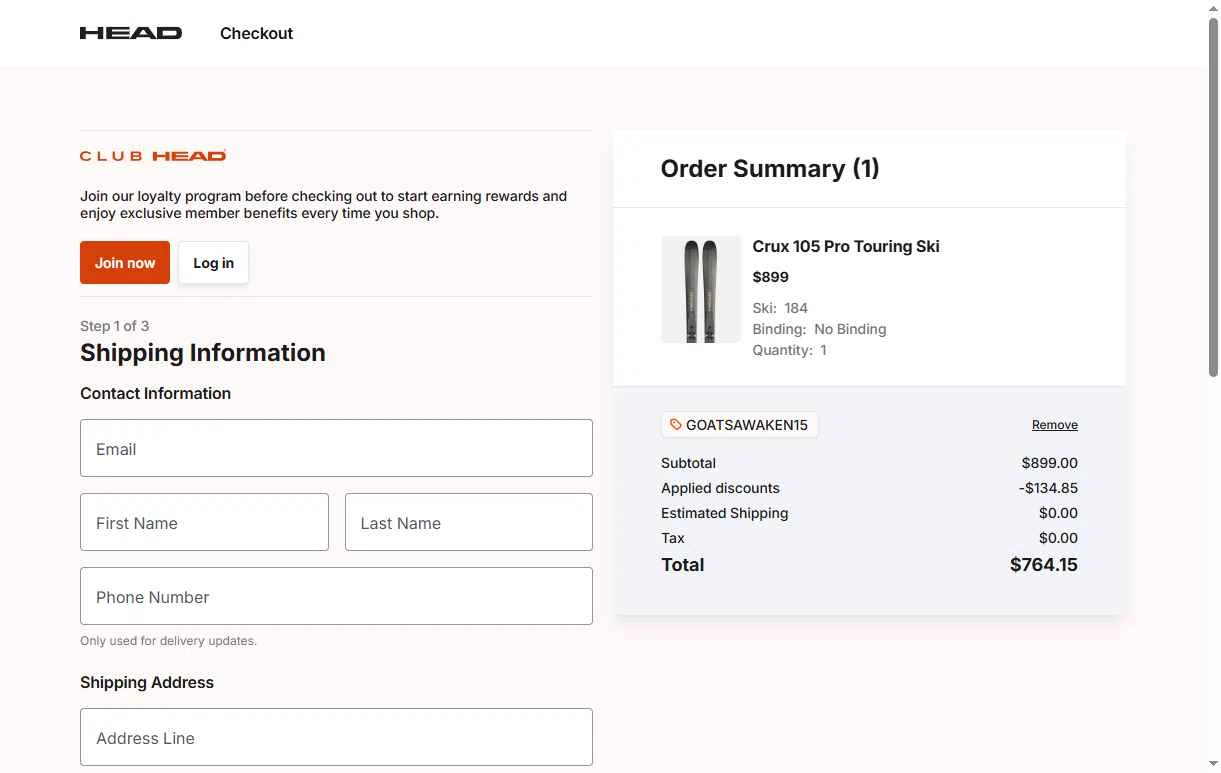 HEAD checkout page showing HEAD discount code box | Screenshot taken by SimplyCodes community member on Dec 31, 2025