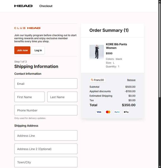 HEAD checkout page showing HEAD discount code box | Screenshot taken by SimplyCodes community member on Oct 1, 2025