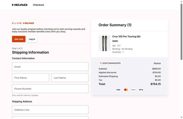 HEAD checkout page showing HEAD discount code box | Screenshot taken by SimplyCodes community member on Sep 13, 2025