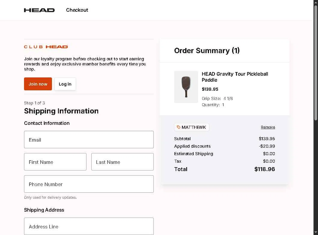 HEAD checkout page showing HEAD discount code box | Screenshot taken by SimplyCodes community member on Feb 13, 2026
