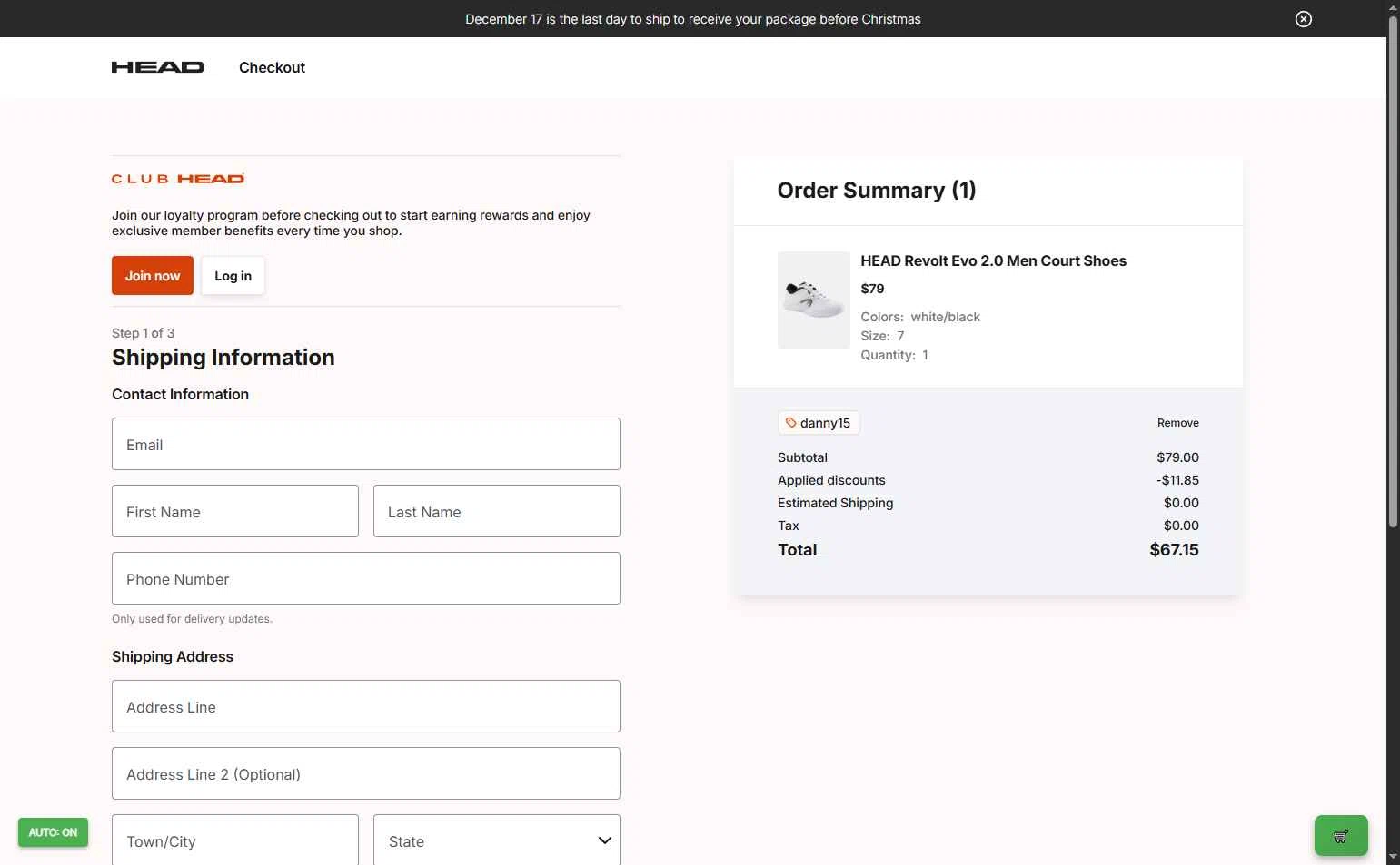 HEAD checkout page showing HEAD discount code box | Screenshot taken by SimplyCodes community member on Dec 22, 2025