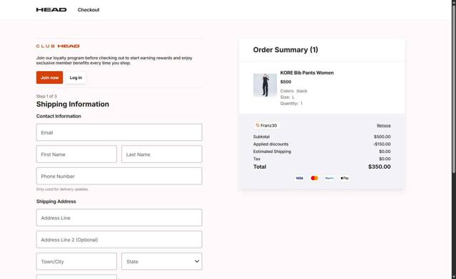 HEAD checkout page showing HEAD discount code box | Screenshot taken by SimplyCodes community member on Sep 9, 2025