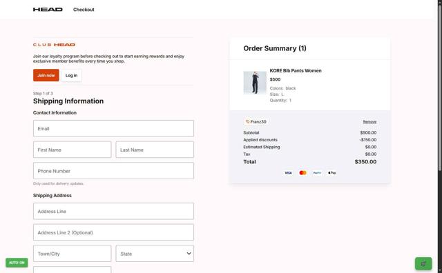 HEAD checkout page showing HEAD discount code box | Screenshot taken by SimplyCodes community member on Sep 17, 2025