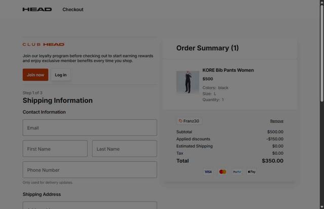 HEAD checkout page showing HEAD discount code box | Screenshot taken by SimplyCodes community member on Aug 27, 2025