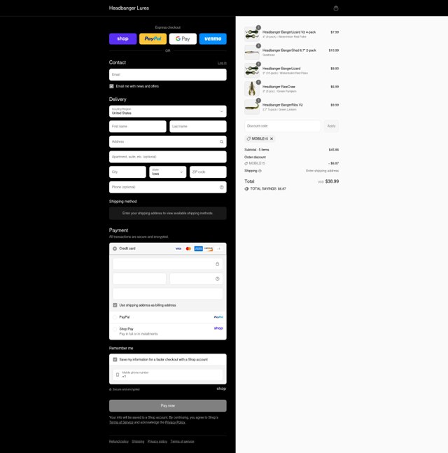 Headbanger Lures checkout page showing Headbanger Lures discount code box | Screenshot taken by SimplyCodes community member on Sep 2, 2025