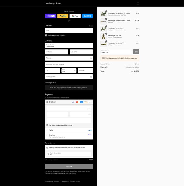 Headbanger Lures checkout page showing Headbanger Lures discount code box | Screenshot taken by SimplyCodes community member on Aug 25, 2025