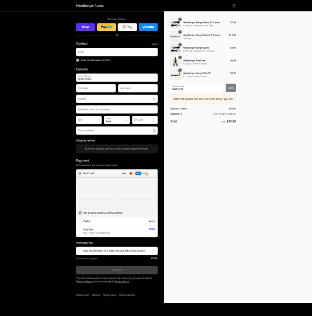 Headbanger Lures checkout page showing Headbanger Lures discount code box | Screenshot taken by SimplyCodes community member on Aug 29, 2025