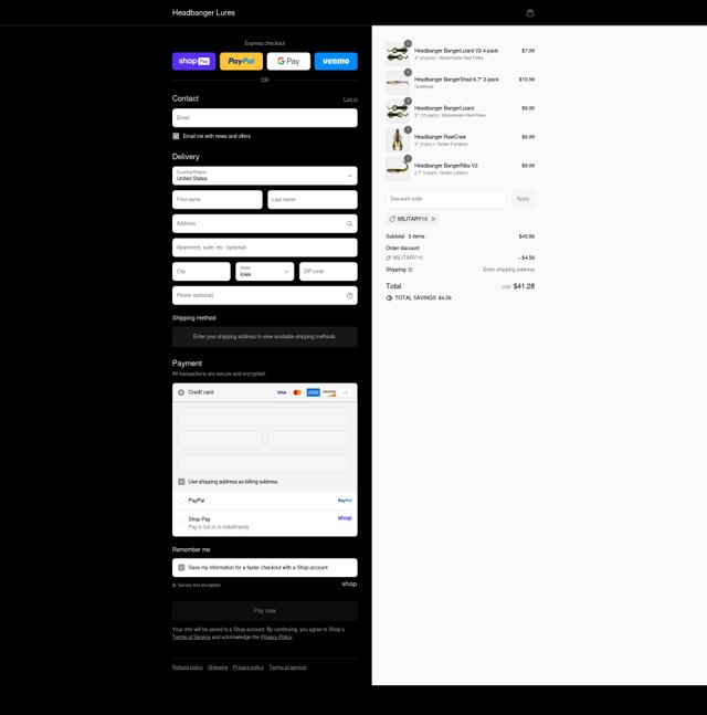 Headbanger Lures checkout page showing Headbanger Lures discount code box | Screenshot taken by SimplyCodes community member on Aug 25, 2025