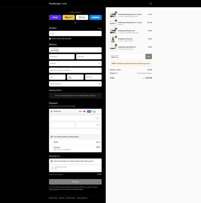 Headbanger Lures checkout page showing Headbanger Lures discount code box | Screenshot taken by SimplyCodes community member on Sep 2, 2025