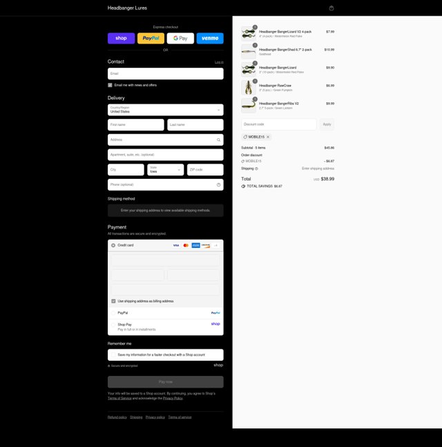 Headbanger Lures checkout page showing Headbanger Lures discount code box | Screenshot taken by SimplyCodes community member on Aug 29, 2025