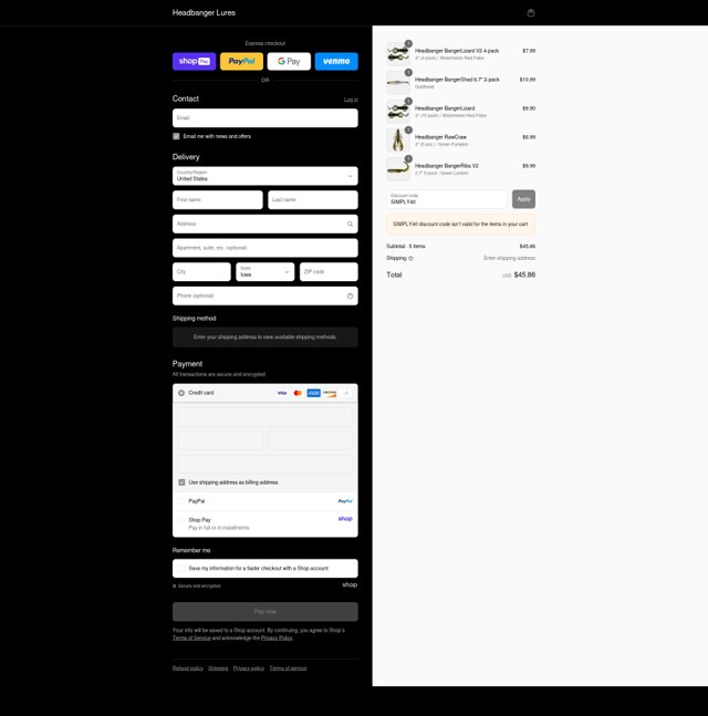 Headbanger Lures checkout page showing Headbanger Lures discount code box | Screenshot taken by SimplyCodes community member on Aug 21, 2025