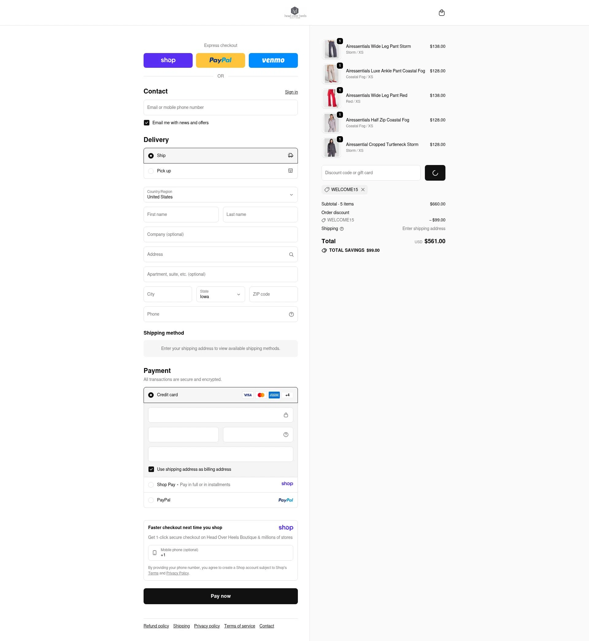 Head Over Heels checkout page showing Head Over Heels promo code box | Screenshot taken by SimplyCodes community member on Jan 12, 2026