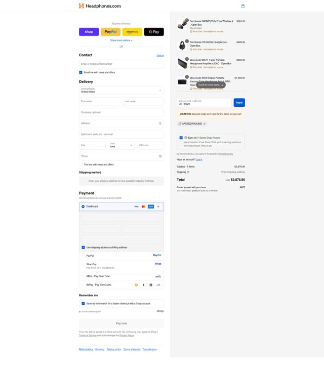 Headphones.com checkout page showing Headphones.com promo code box | Screenshot taken by SimplyCodes community member on Sep 10, 2025