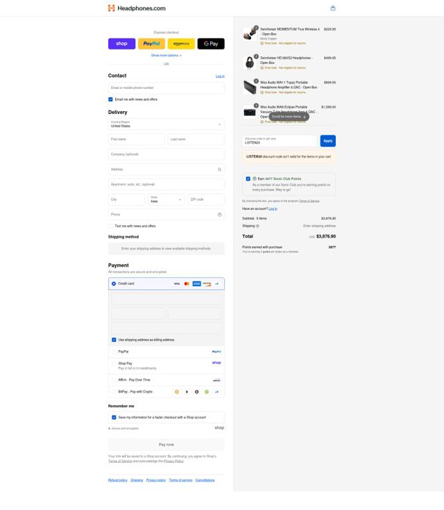 Headphones.com checkout page showing Headphones.com promo code box | Screenshot taken by SimplyCodes community member on Sep 1, 2025