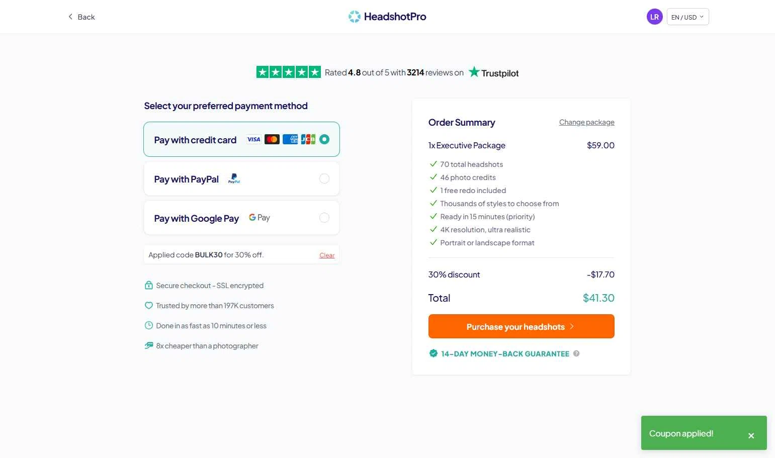 HeadshotPro checkout page showing HeadshotPro promo code box | Screenshot taken by SimplyCodes community member on Feb 16, 2026