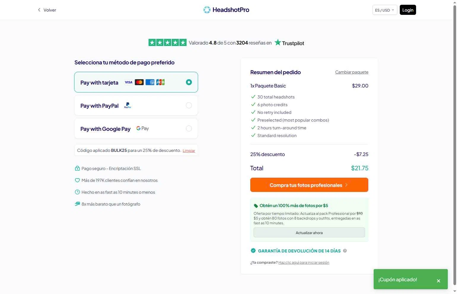 HeadshotPro checkout page showing HeadshotPro promo code box | Screenshot taken by SimplyCodes community member on Jan 28, 2026